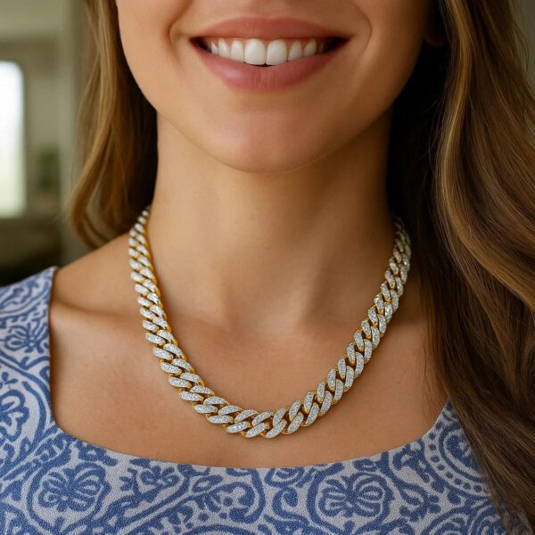 14k Two Tone Gold Miami Cuban Chain Necklace with White Pave - Two-Tone Gold - alternate view 5