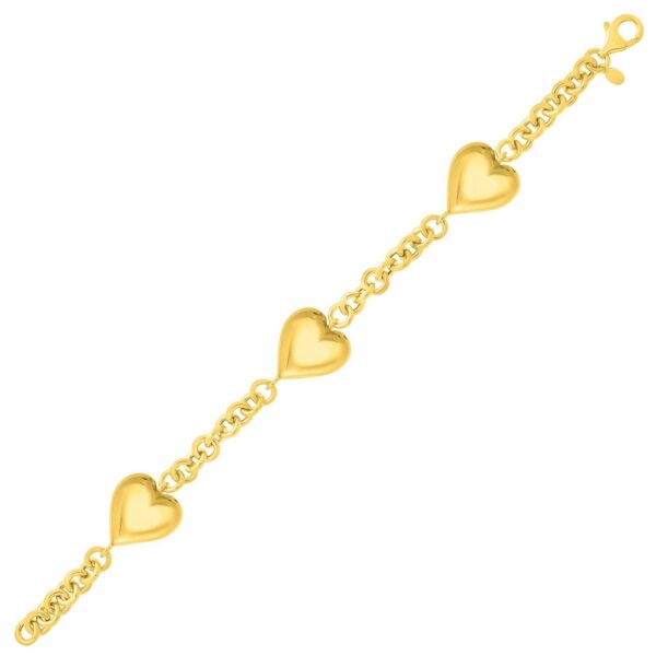 Sterling Silver Yellow Gold Plated Extra Puffed Triple Heart Bracelet