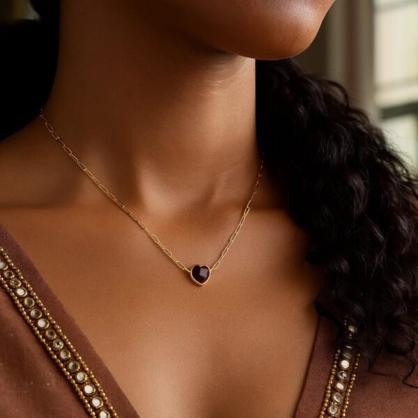 14K Yellow Gold Garnet Heart Necklace (1.50 mm) - alternate view 3
