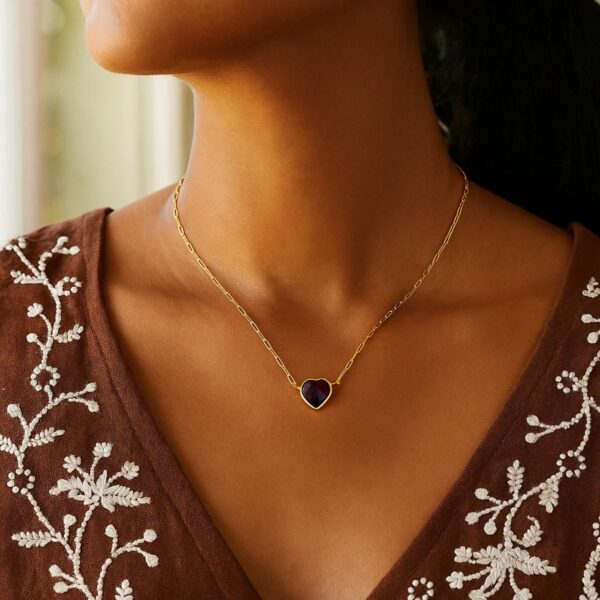 14K Yellow Gold Garnet Heart Necklace (1.50 mm) - alternate view 4