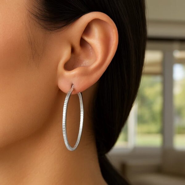 Ridge Textured Hoop Earrings in Sterling Silver(2x50mm) - alternate view 2