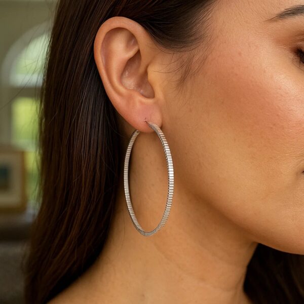 Ridge Textured Hoop Earrings in Sterling Silver(2x50mm) - alternate view 3