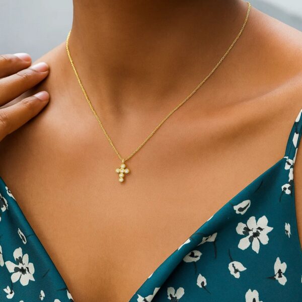 14K Yellow Gold Petite Diamond Cross Necklace - alternate view 4