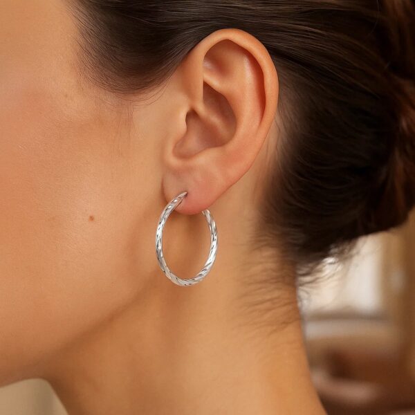 Sterling Silver Faceted Motif Hoop Earrings with Rhodium Plating(2x25mm) - alternate view 2