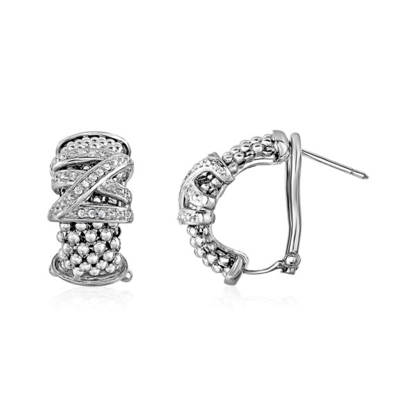 Popcorn Texture Earrings with Crossover Motif and Diamonds in Sterling Silver - J