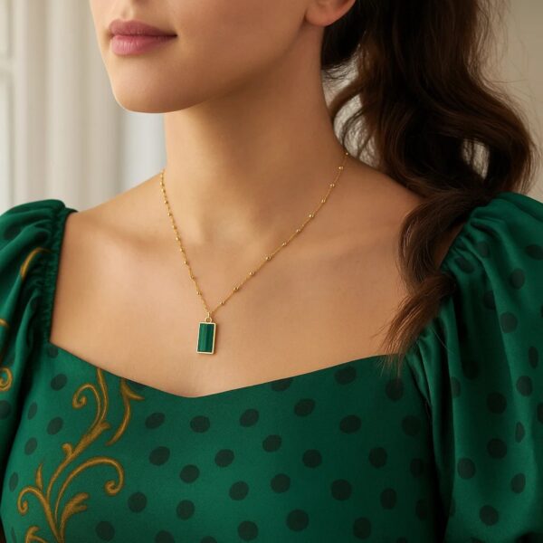 Malachite Geometric Rectangle Necklace in 14K Yellow Gold - alternate view 4