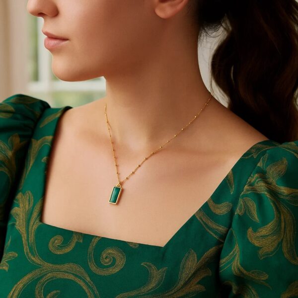 Malachite Geometric Rectangle Necklace in 14K Yellow Gold - alternate view 5