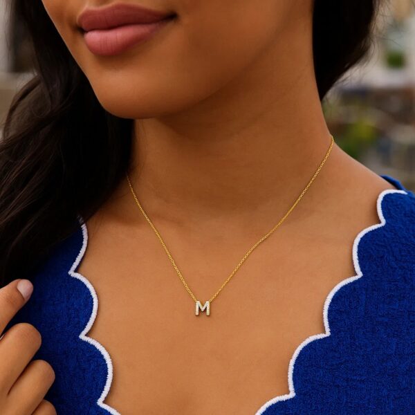 14K Yellow Gold Mini Diamond M Initial Pendant Necklace - alternate view 5