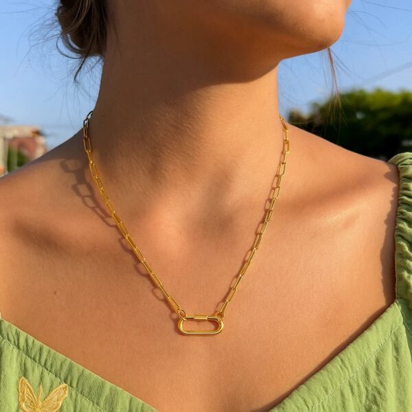 14k Yellow Gold Paperclip Chain Necklace with Oval Carabiner Clasp - alternate view 2
