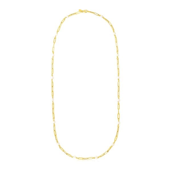 14k Yellow Gold Paperclip Chain and Pearl Necklace