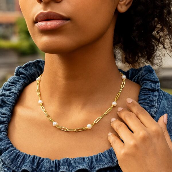 14k Yellow Gold Paperclip Chain and Pearl Necklace - alternate view 3