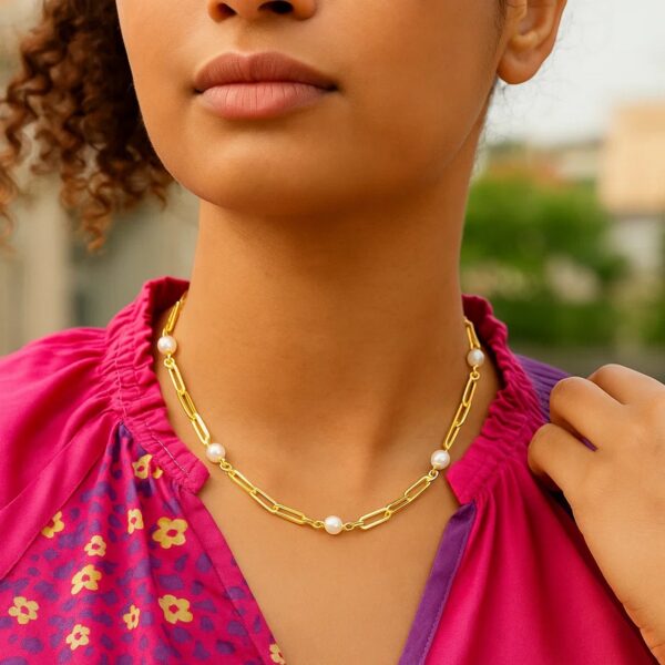 14k Yellow Gold Paperclip Chain and Pearl Necklace - alternate view 4