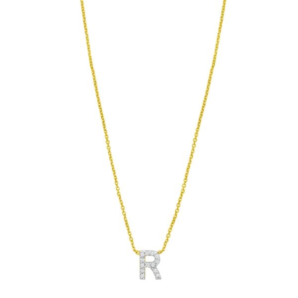 14K Yellow Gold Mini Diamond R Initial Pendant Necklace