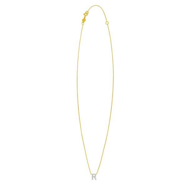 14K Yellow Gold Mini Diamond R Initial Pendant Necklace - alternate view 2