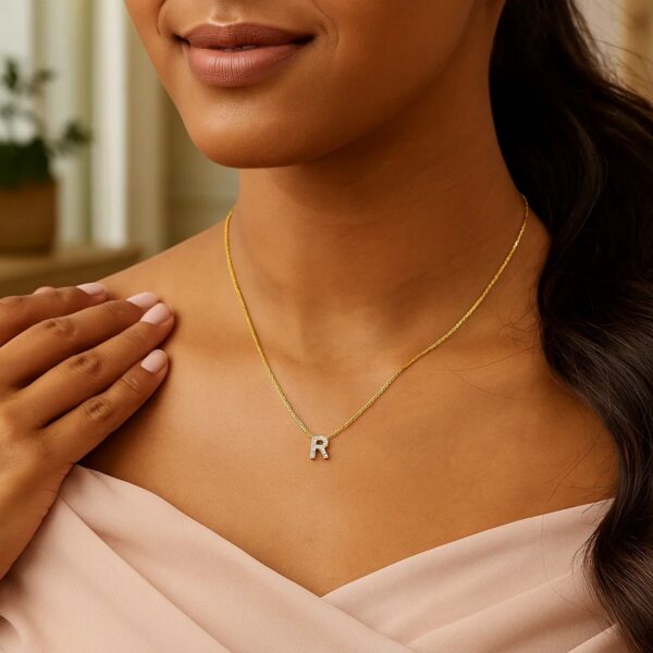 14K Yellow Gold Mini Diamond R Initial Pendant Necklace - alternate view 4