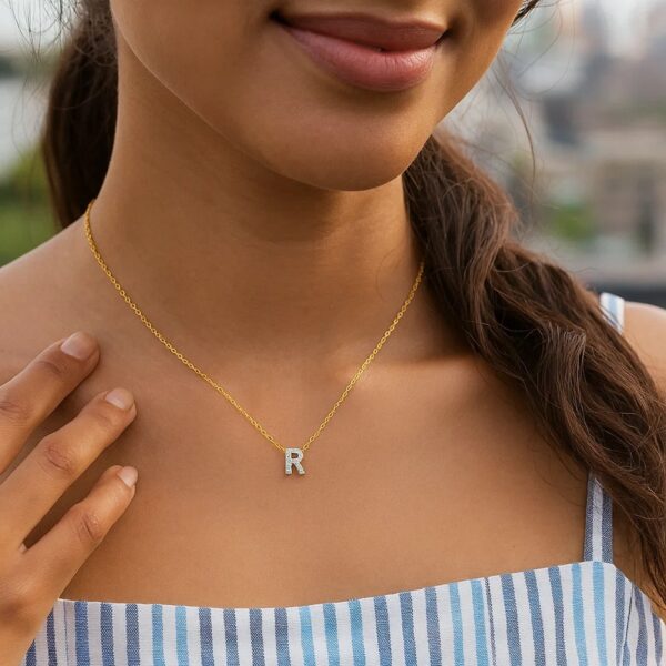 14K Yellow Gold Mini Diamond R Initial Pendant Necklace - alternate view 5