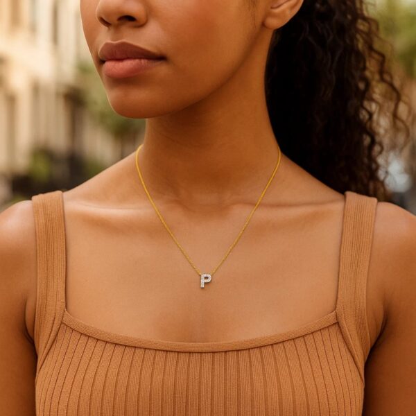 14K Yellow Gold Mini Diamond P Initial Pendant Necklace - alternate view 5