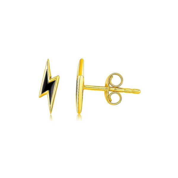 14k Yellow Gold and Enamel Black Lightning Bolt Stud Earrings