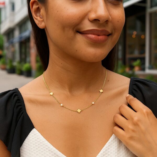 14k Yellow Gold Pearl Clover Necklace - alternate view 3