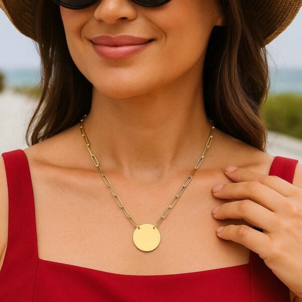 14k Yellow Gold High Polish Circle Disc Paperclip Link Necklace - alternate view 5