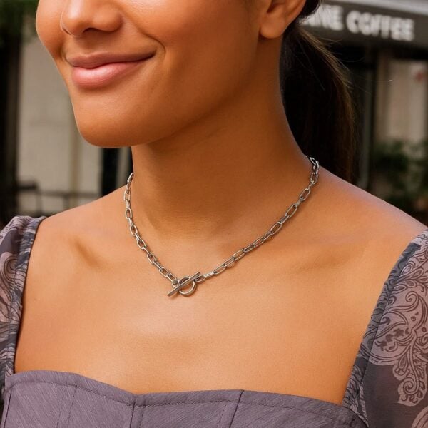 Sterling Silver Rhodium Plated Paperclip Toggle Necklace - alternate view 5
