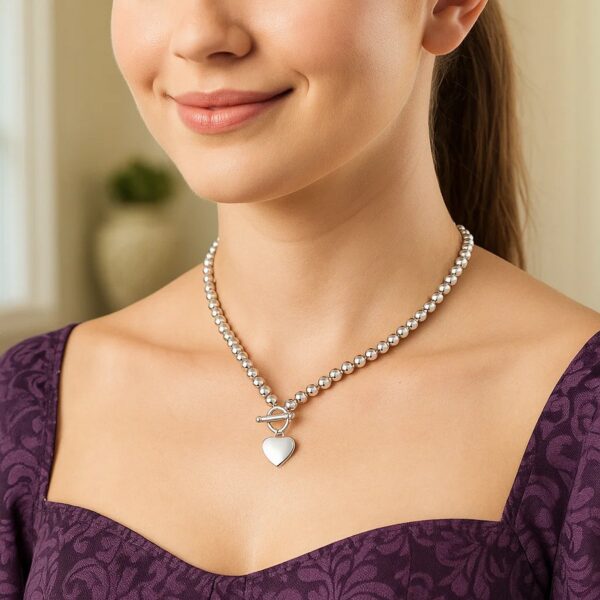 Sterling Silver Rhodium Plated Bead Toggle Heart Necklace - alternate view 4