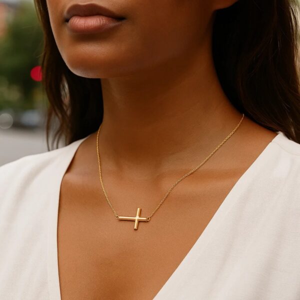 14k Yellow Gold Necklace with a Polished Cross Design - alternate view 3