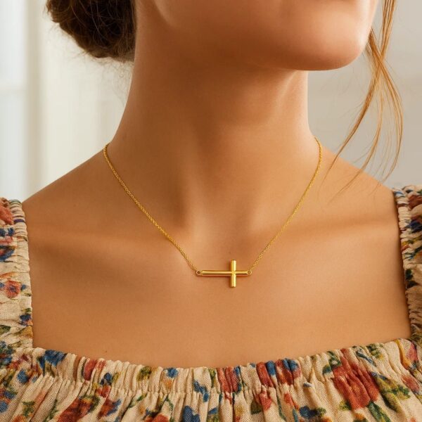 14k Yellow Gold Necklace with a Polished Cross Design - alternate view 4