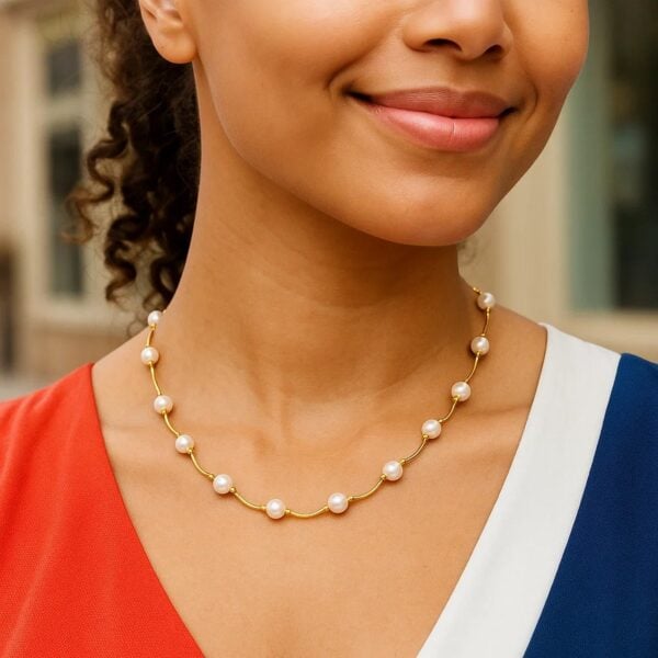 14k Yellow Gold Arc Link Necklace with White Pearls - alternate view 3