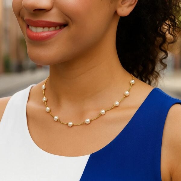 14k Yellow Gold Arc Link Necklace with White Pearls - alternate view 4