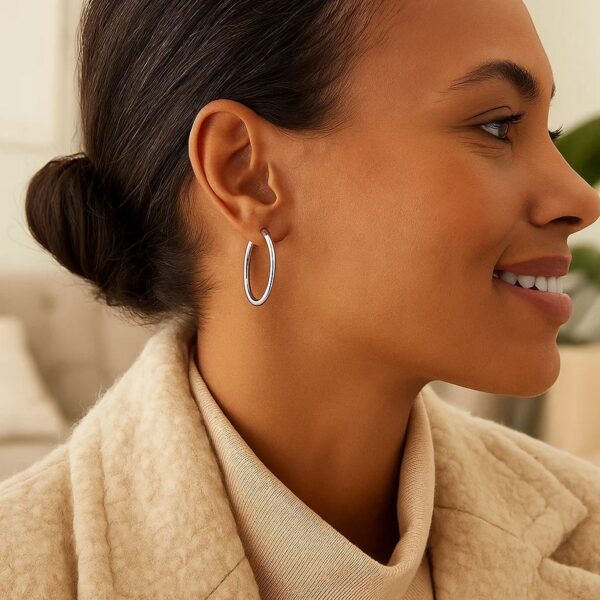 10k White Gold Polished Hoop Earrings (2x25mm) - alternate view 3