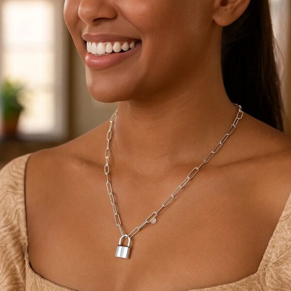 Sterling Silver Rhodium Plated Lock Paperclip Link Necklace - alternate view 4