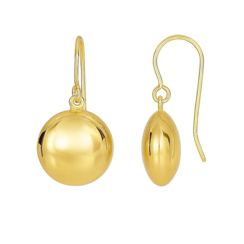 14k Yellow Gold Puffed Circle Shape Drop Earrings