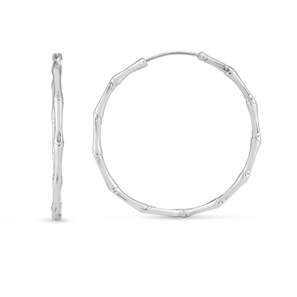 Sterling Silver Rhodium Plated Bamboo Hoop Earrings