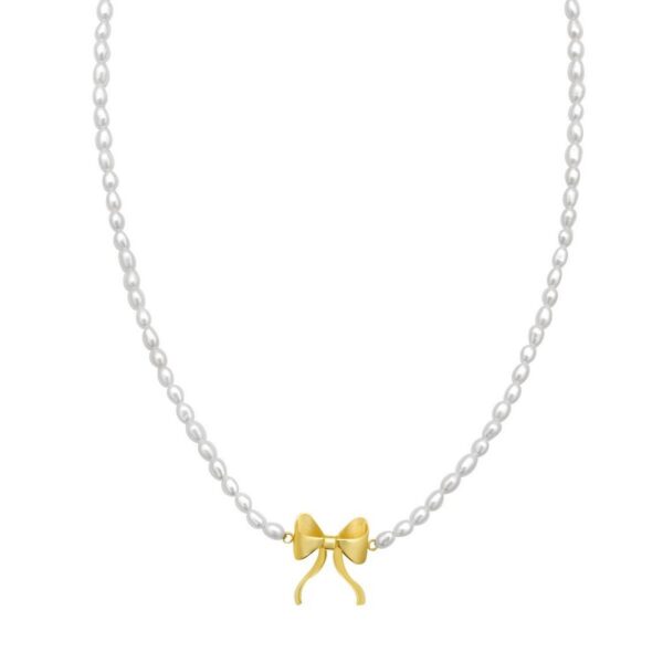 14K Yellow Gold Bow and Pearl Necklace - alternate view 2