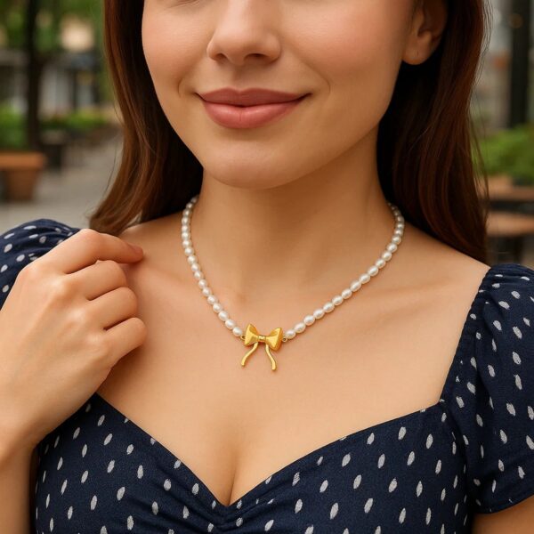 14K Yellow Gold Bow and Pearl Necklace - alternate view 4