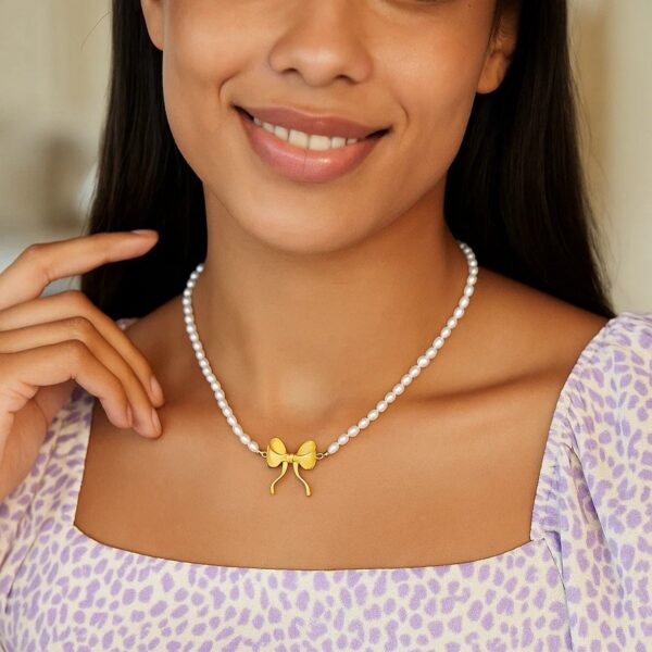 14K Yellow Gold Bow and Pearl Necklace - alternate view 5