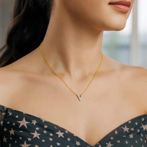 14K Yellow Gold Mini Diamond V Initial Pendant Necklace - alternate view 4