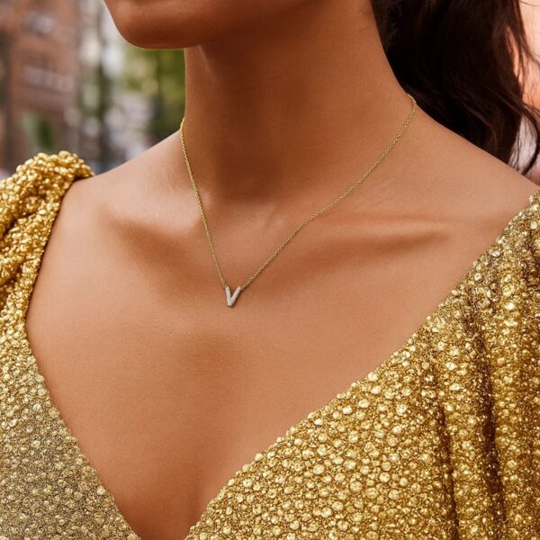14K Yellow Gold Mini Diamond V Initial Pendant Necklace - alternate view 5