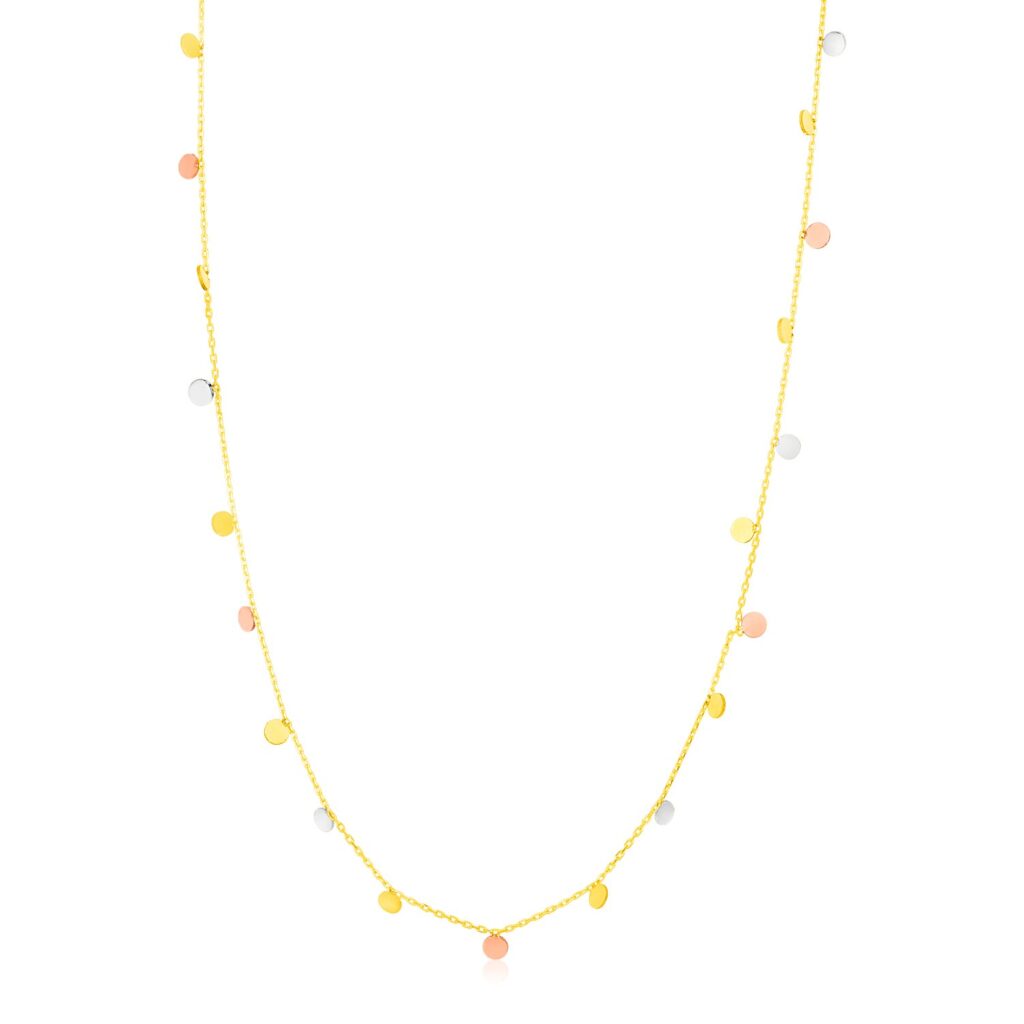 14K Tri Color Necklace with Dangling Circles - Tri-Color Gold