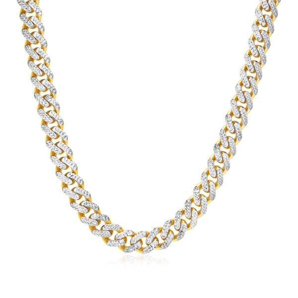 14k Two Tone Gold Miami Cuban Chain Necklace with White Pave - Two-Tone Gold