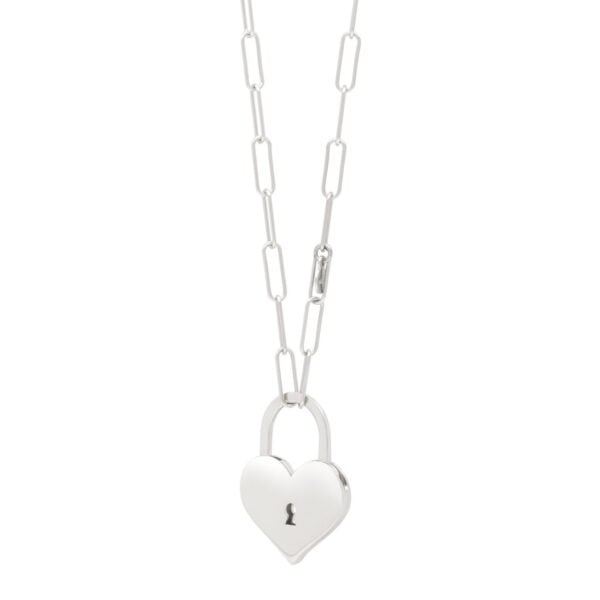 Sterling Silver Rhodium Plated Padlock Heart Necklace