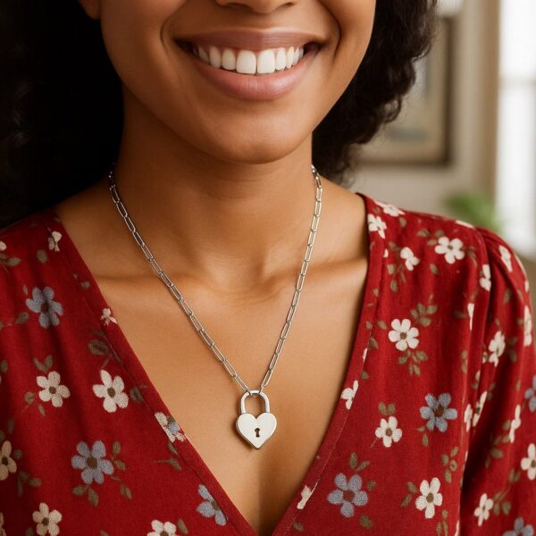 Sterling Silver Rhodium Plated Padlock Heart Necklace - alternate view 4