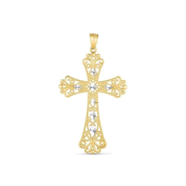 14k Two Tone Gold High Polish Diamond Cut Cross Pendant - Two-Tone Gold