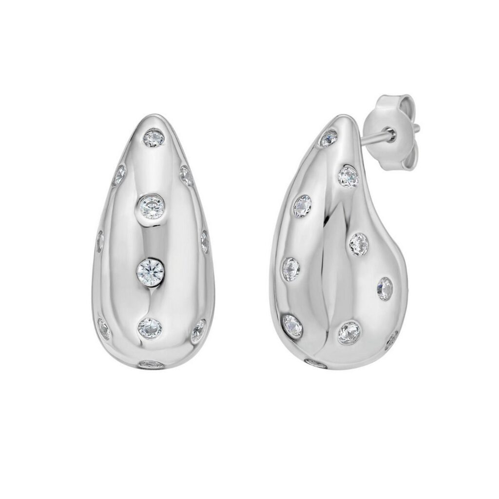 Sterling Silver Puffed Raindrop with Cubic Zirconia Stones Earrings