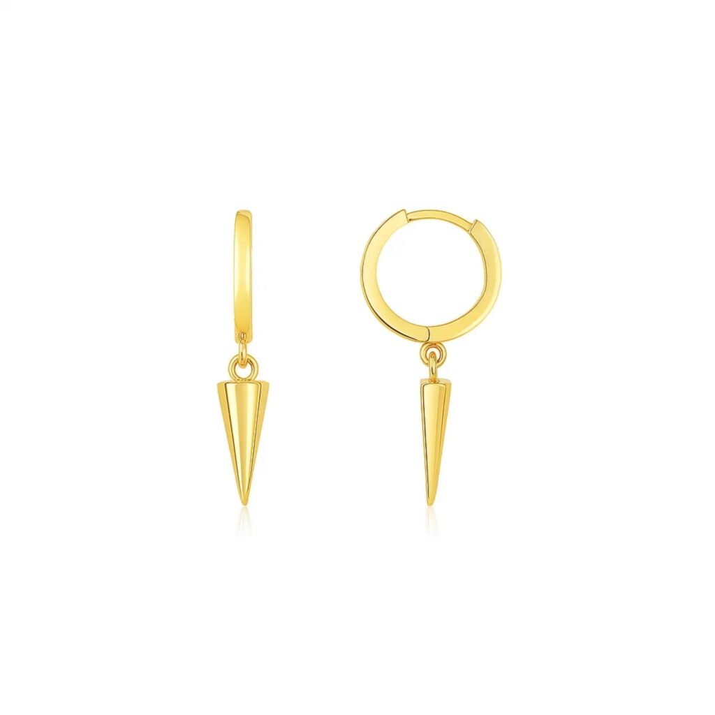 14K Yellow Gold Dangling Spike Drop Hoop Earrings