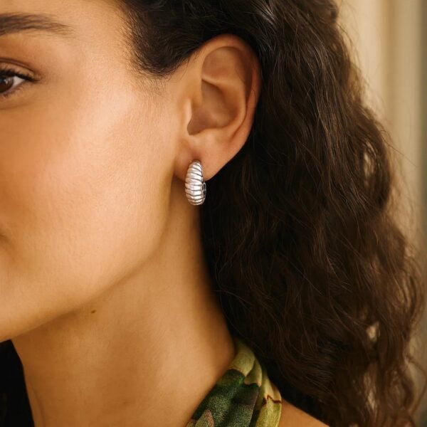 Sterling Silver Rhodium Plated Small Ribbed Twisted Hoop Earrings - alternate view 2