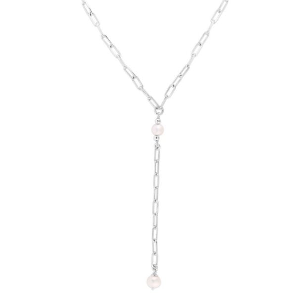 Sterling Silver Rhodium Plated Freshwater Pearl Paperclip Lariat Necklace