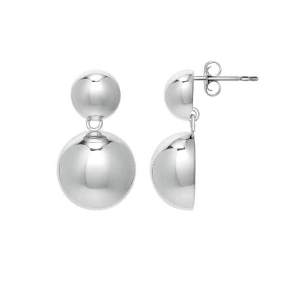 Sterling Silver Rhodium Plated Puffed Round Double Button Drop Earrings
