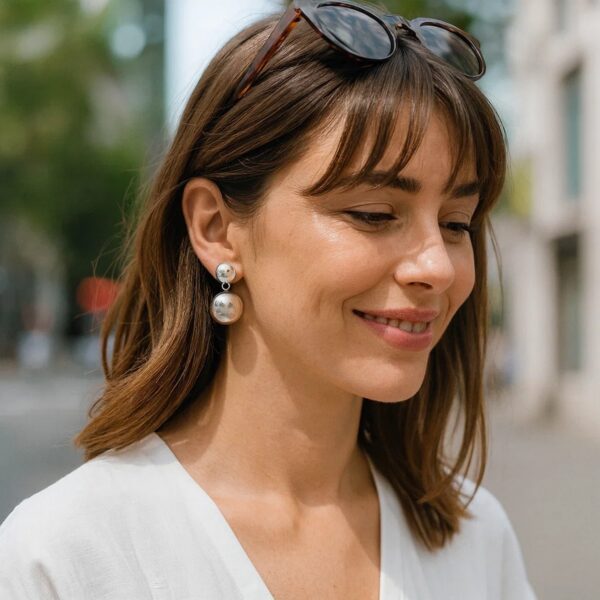 Sterling Silver Rhodium Plated Puffed Round Double Button Drop Earrings - alternate view 3